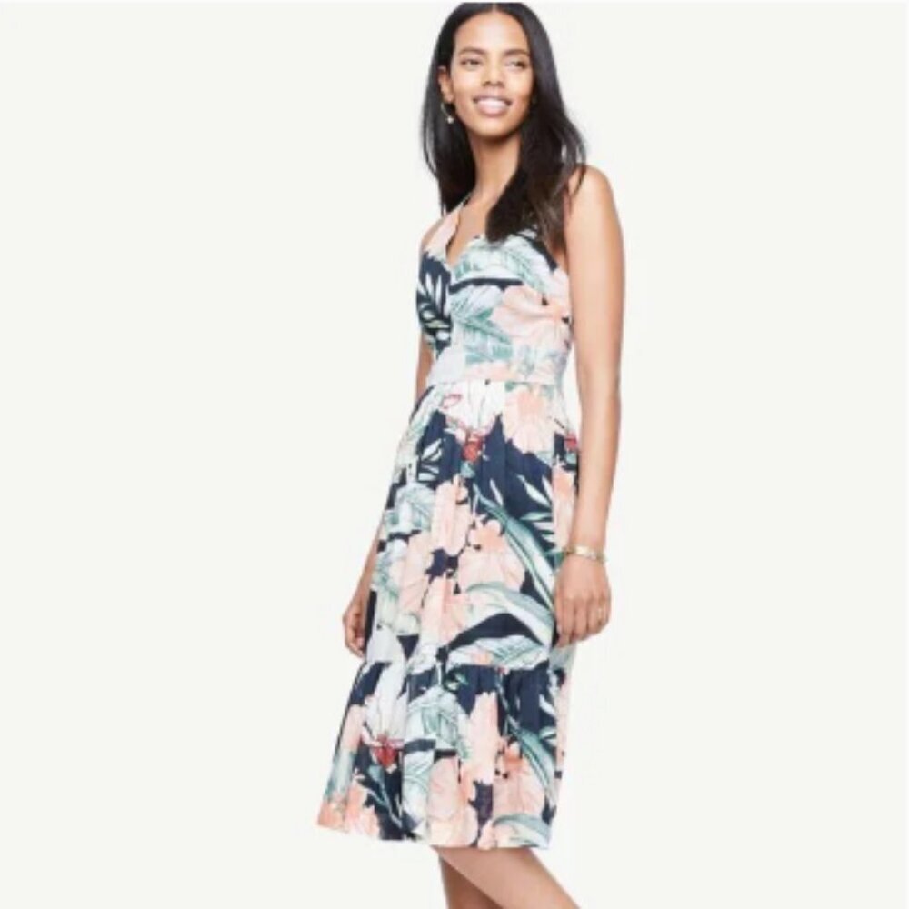 Ann Taylor Navy Pink Island Floral Sleeveless Cross Back Tropical Dress Size 6 - Picture 9 of 9